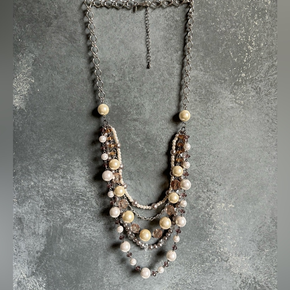 Beautiful 5 Layered Beaded Necklace with Silver Tone 18” long w/ extension